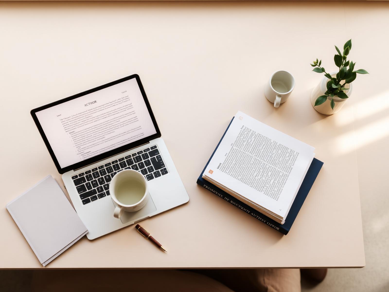 Author desk with laptop, stacked books and coffee